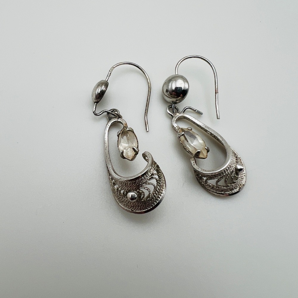 Vintage Filigree Dangle Drop Earrings Marquise Clear Accent Silver Tone